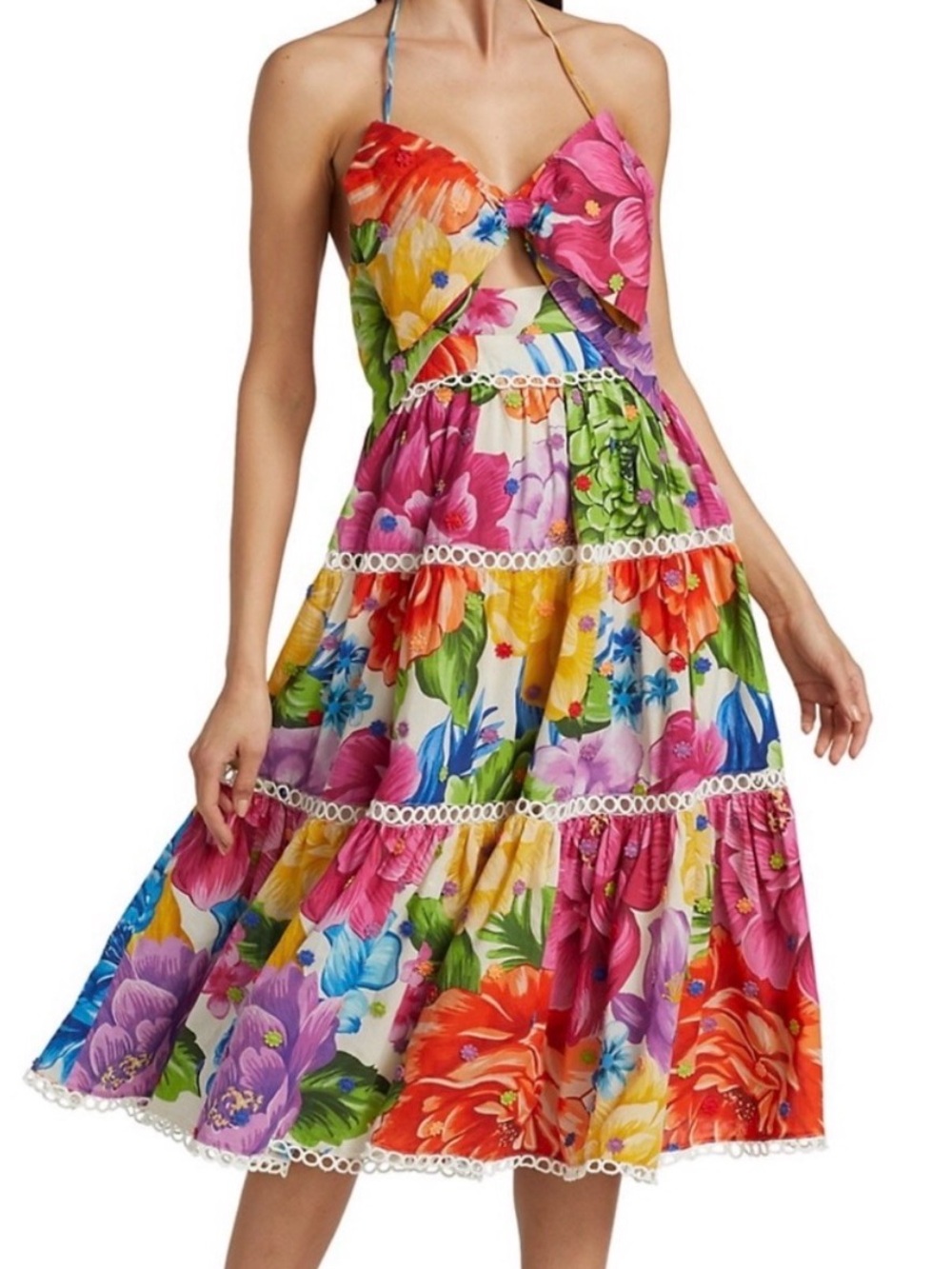 Farm Rio Rainbow Chita Floral Midi Dress XS NWT Crochet Trim Cotton